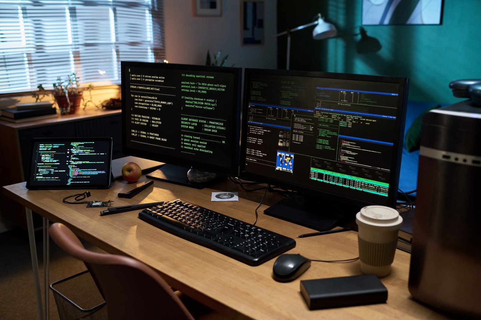 Dual-Monitor-Setup auf einem Schreibtisch